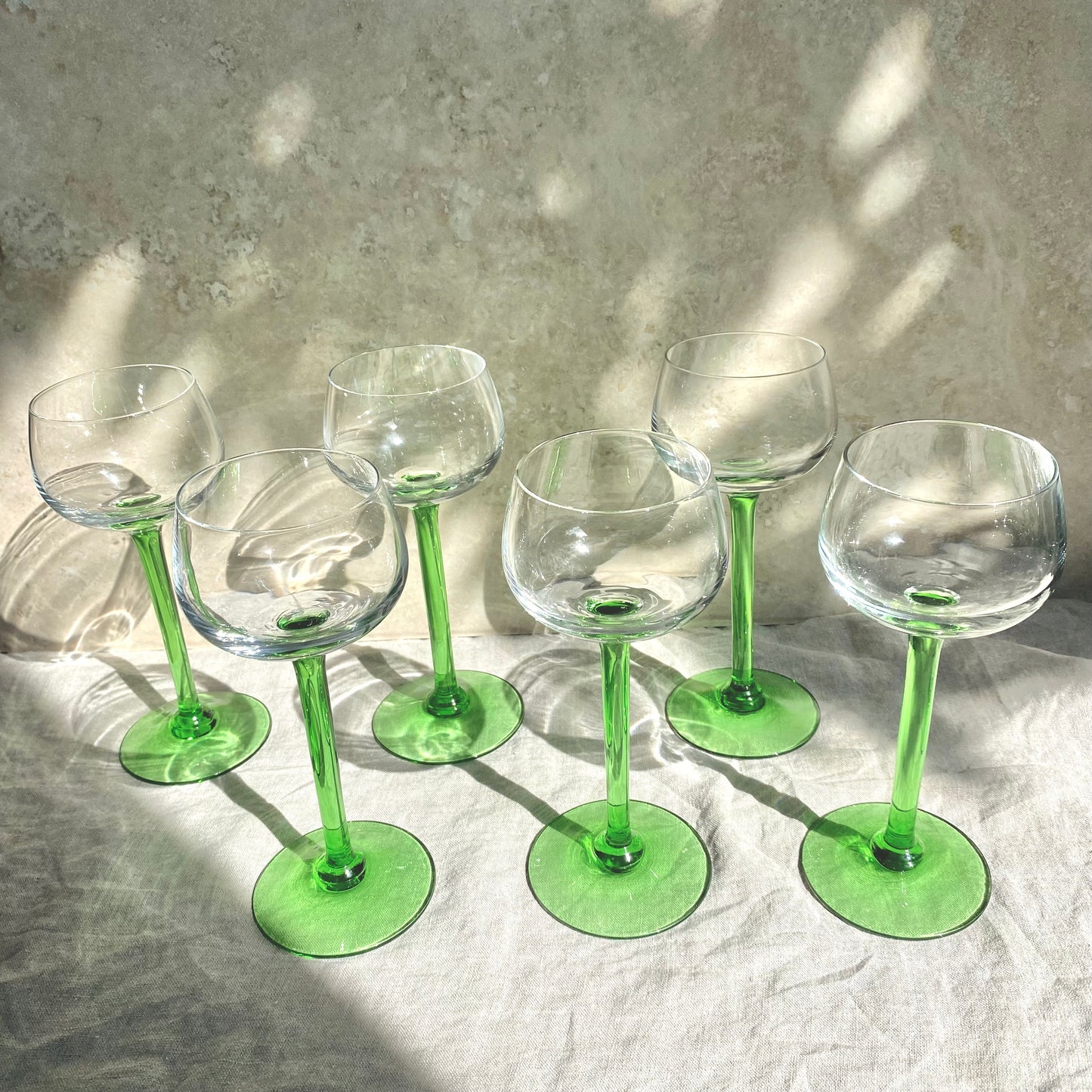Set of Six Vintage Green-Stemmed Wine Glasses