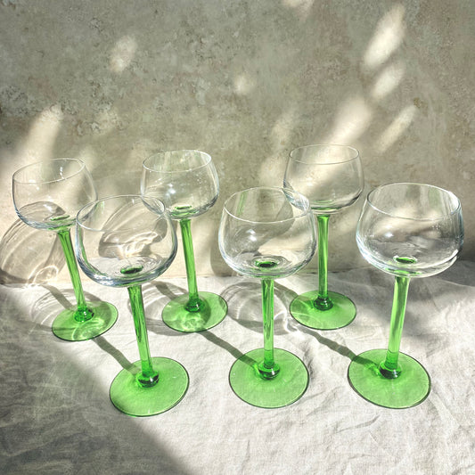 Set of Six Vintage Green-Stemmed Wine Glasses