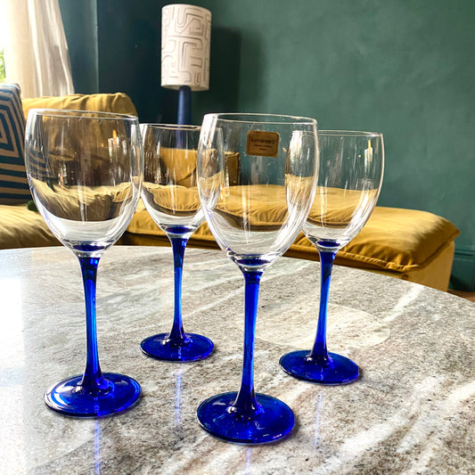 Set of 4 Vintage French Luminarc Blue- Stem Wine Glasses