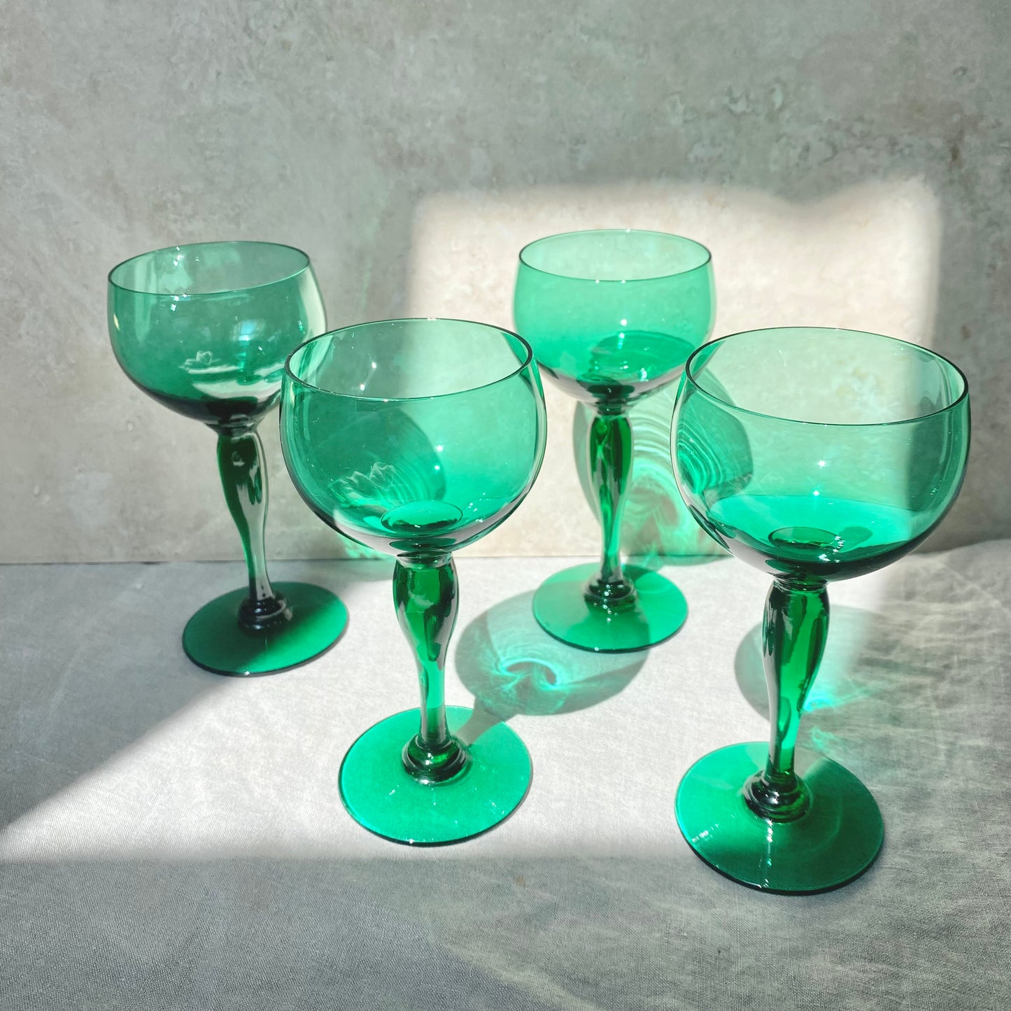 Set of Four Vintage Green Wine Glasses