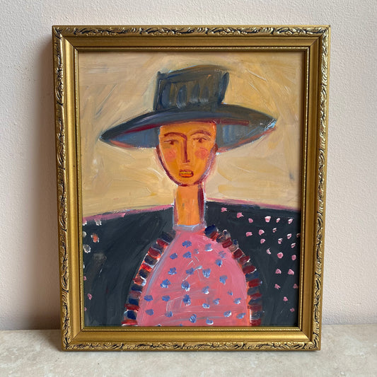 Girl in Hat, Original Mid-Century Style Figurative Oil Painting
