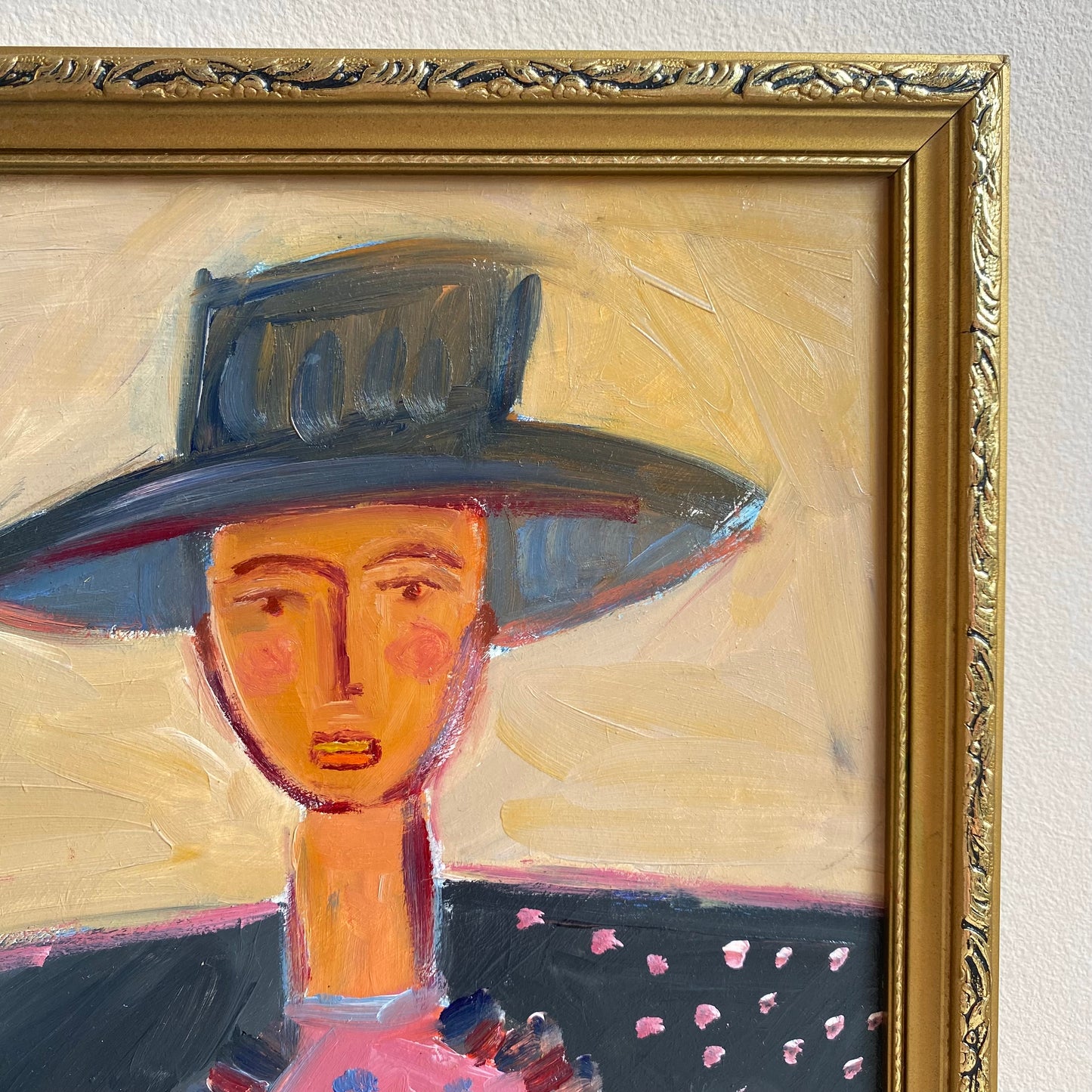 Girl in Hat, Original Mid-Century Style Figurative Oil Painting
