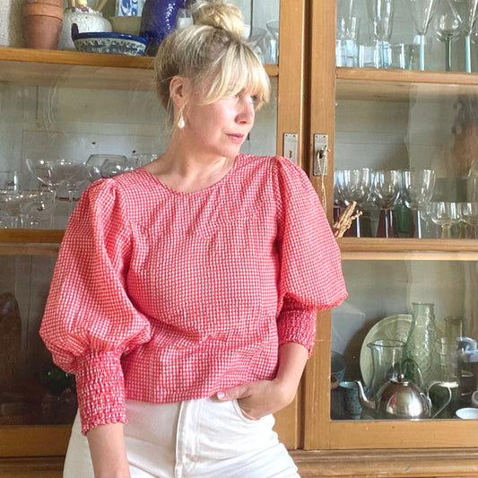 Ganni Smocked-Sleeve Gingham Seersucker Blouse Size 36