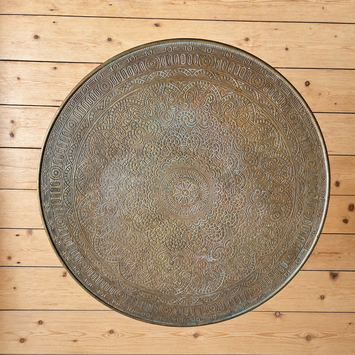 1930s Brass-Topped Round Table with Folding Barley Twist Base
