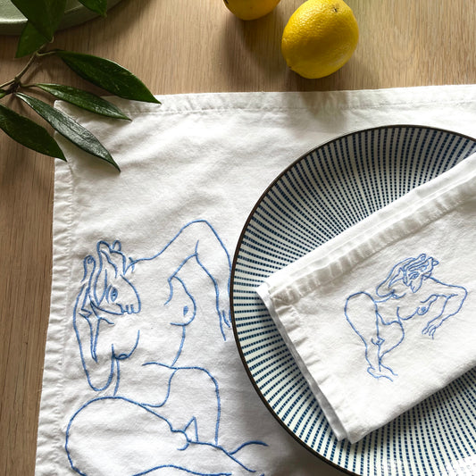 Vintage Embroidered Picasso-Inspired Cotton Placemats & Napkins Set