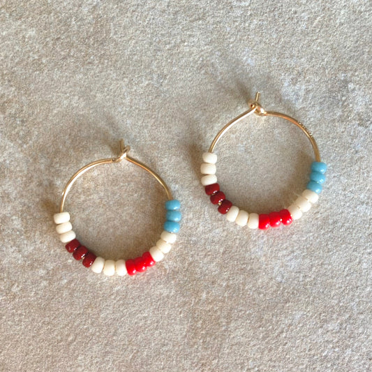 Sunny Sands House Beaded Earrings Tricolore Stripe Red and Blue