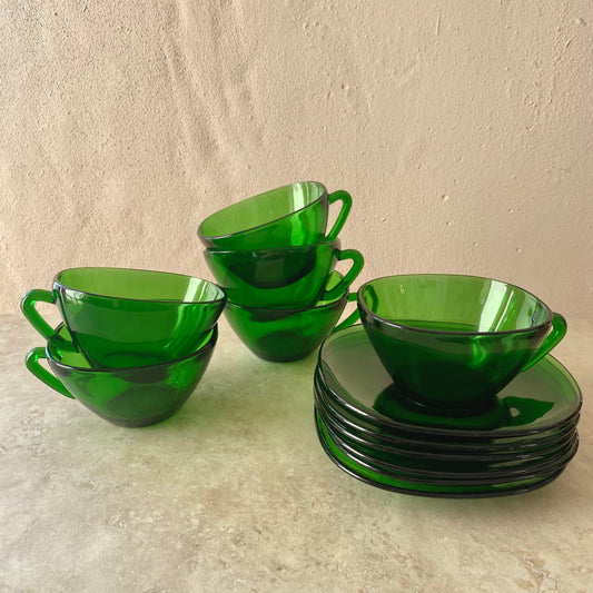 Sunny Sands House Vintage Vereco Glass Cups and Saucers Set of Six