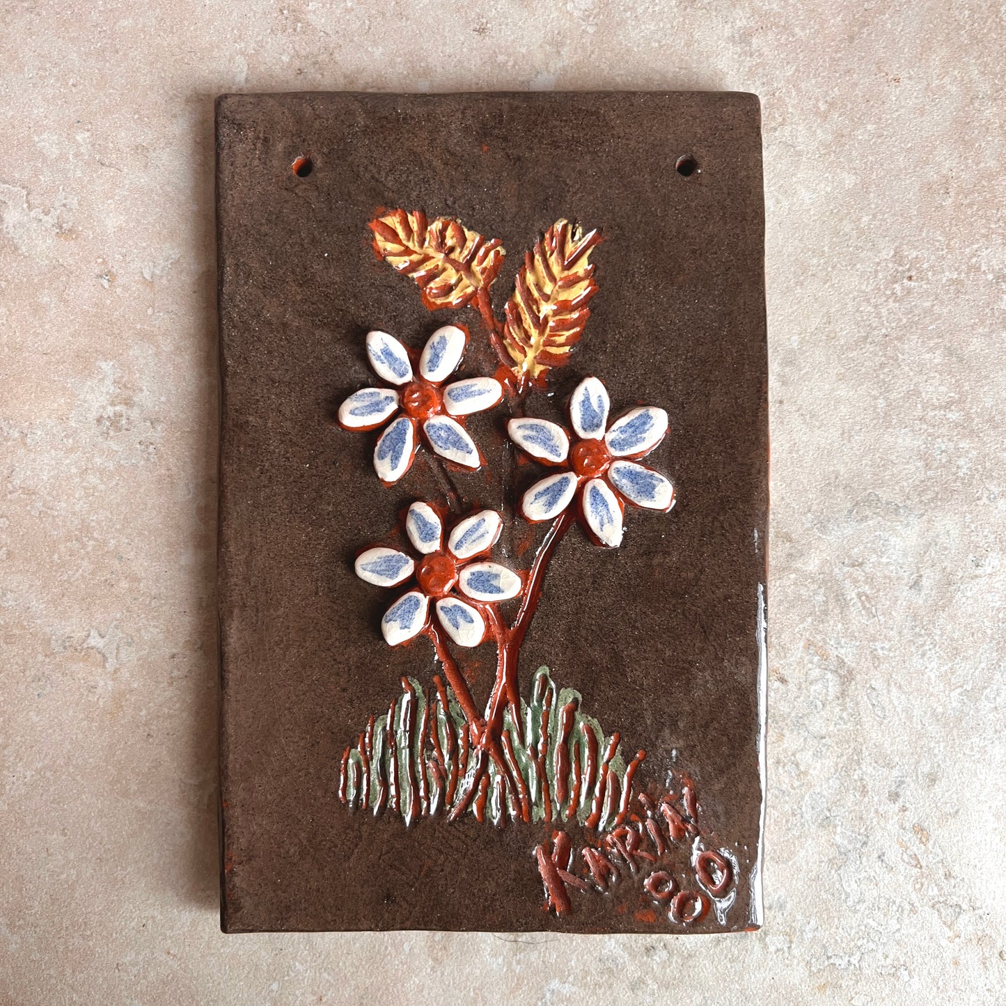 Handmade Swedish Vintage Floral Ceramic Wall Tile
