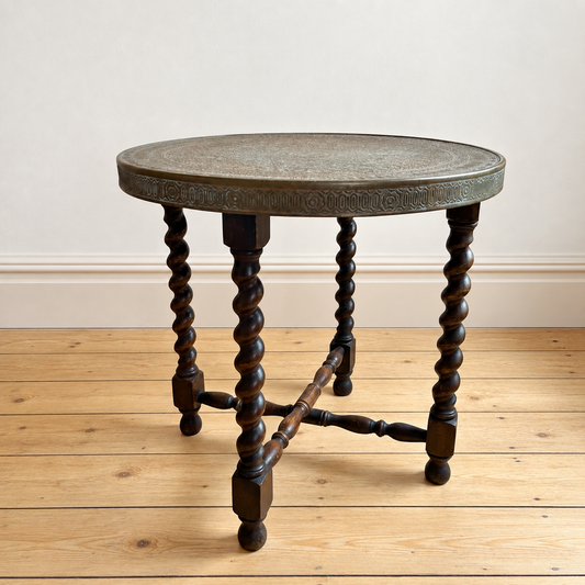 1930s Brass-Topped Round Table with Folding Barley Twist Base