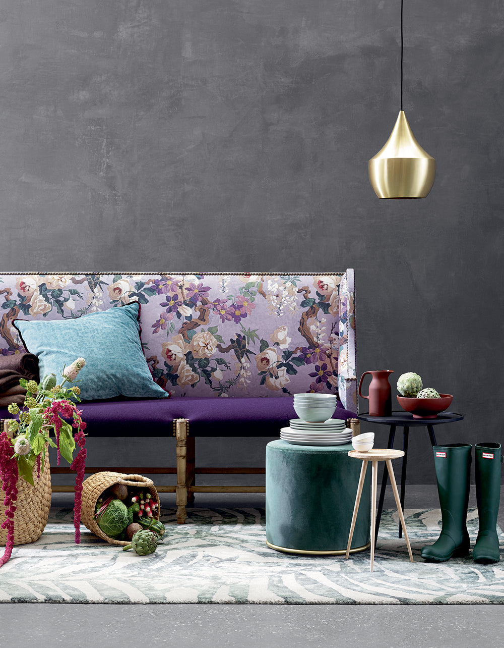 Interior styling by Ida Jacobsson-Wells for Harrods, featuring floral furniture, tableware and decorative objects