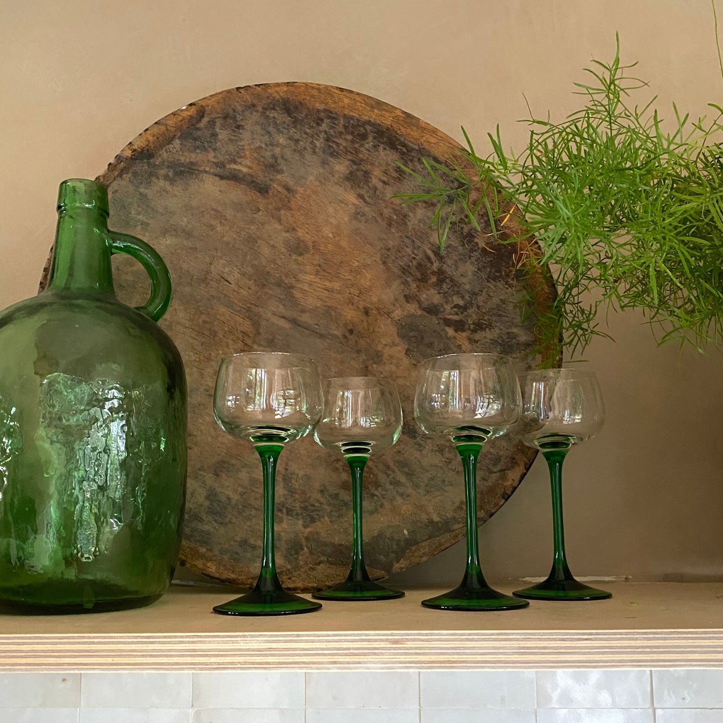 Vintage French Green-Stemmed Wine Glasses