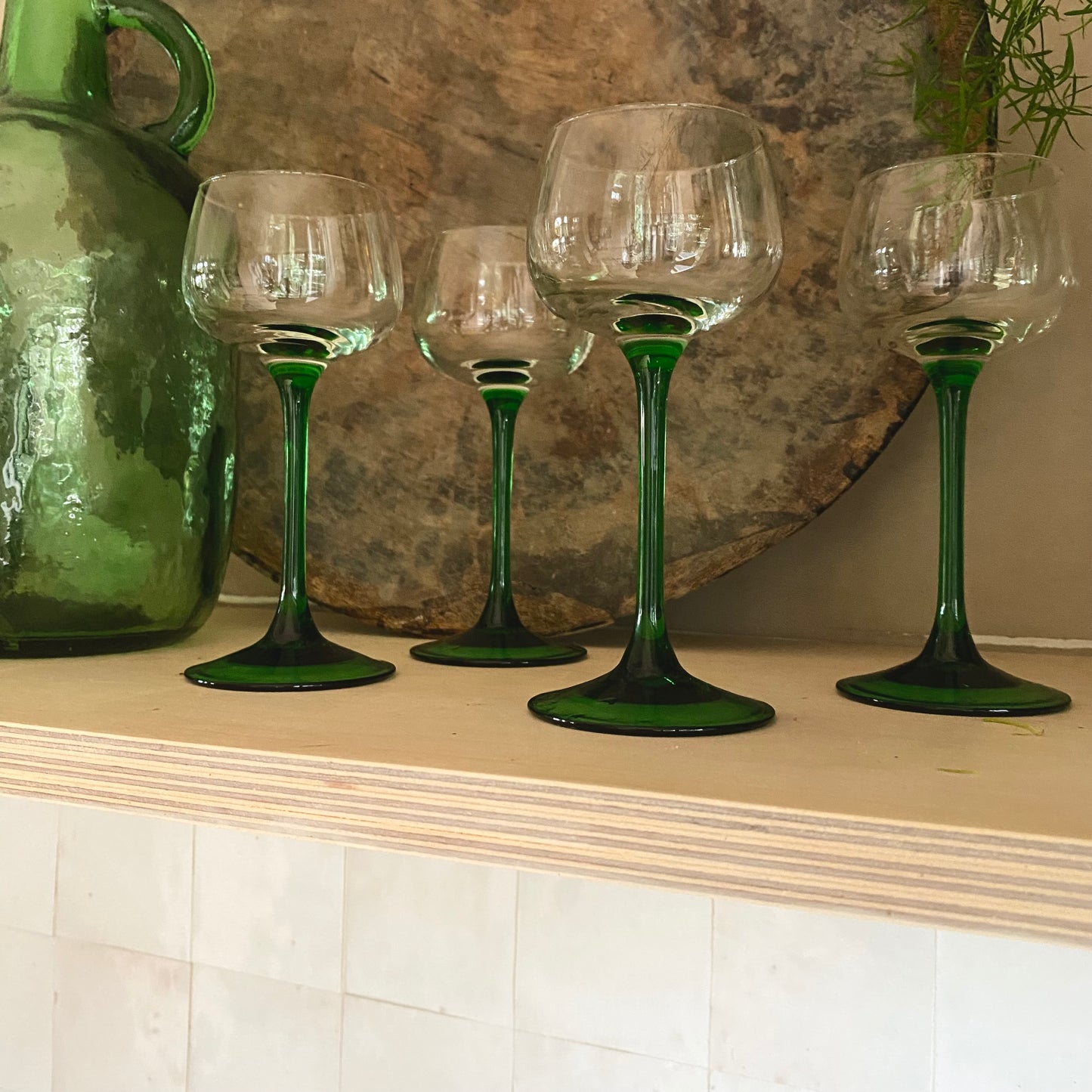 Vintage French Green-Stemmed Wine Glasses