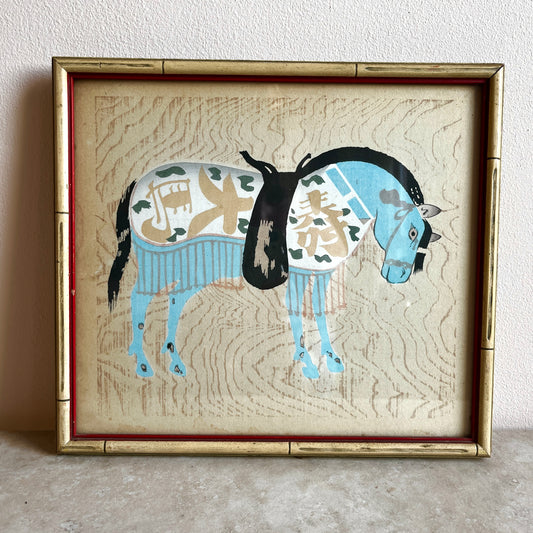 Vintage Mid-Century Oriental Ema Style Print in Faux Bamboo Frame