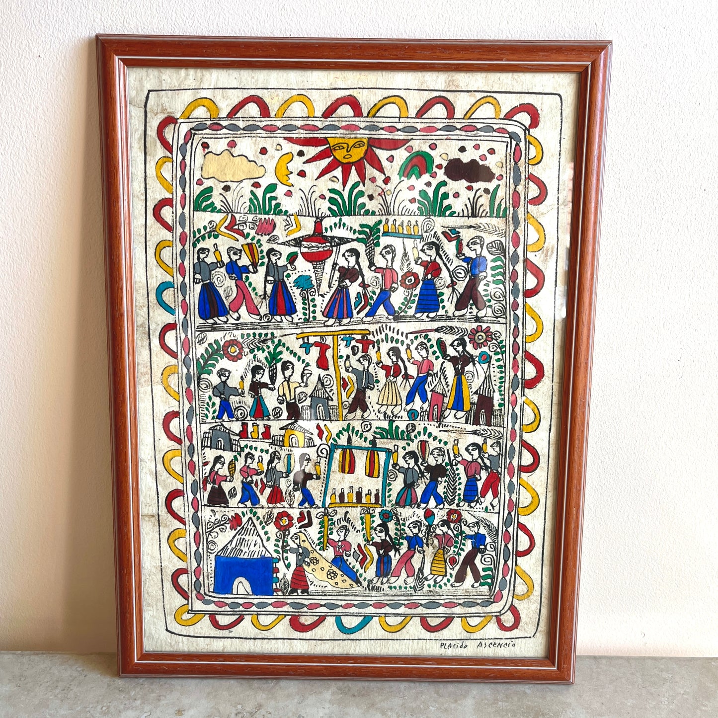 Vintage Mexican Folk Art Bark Paper Painting