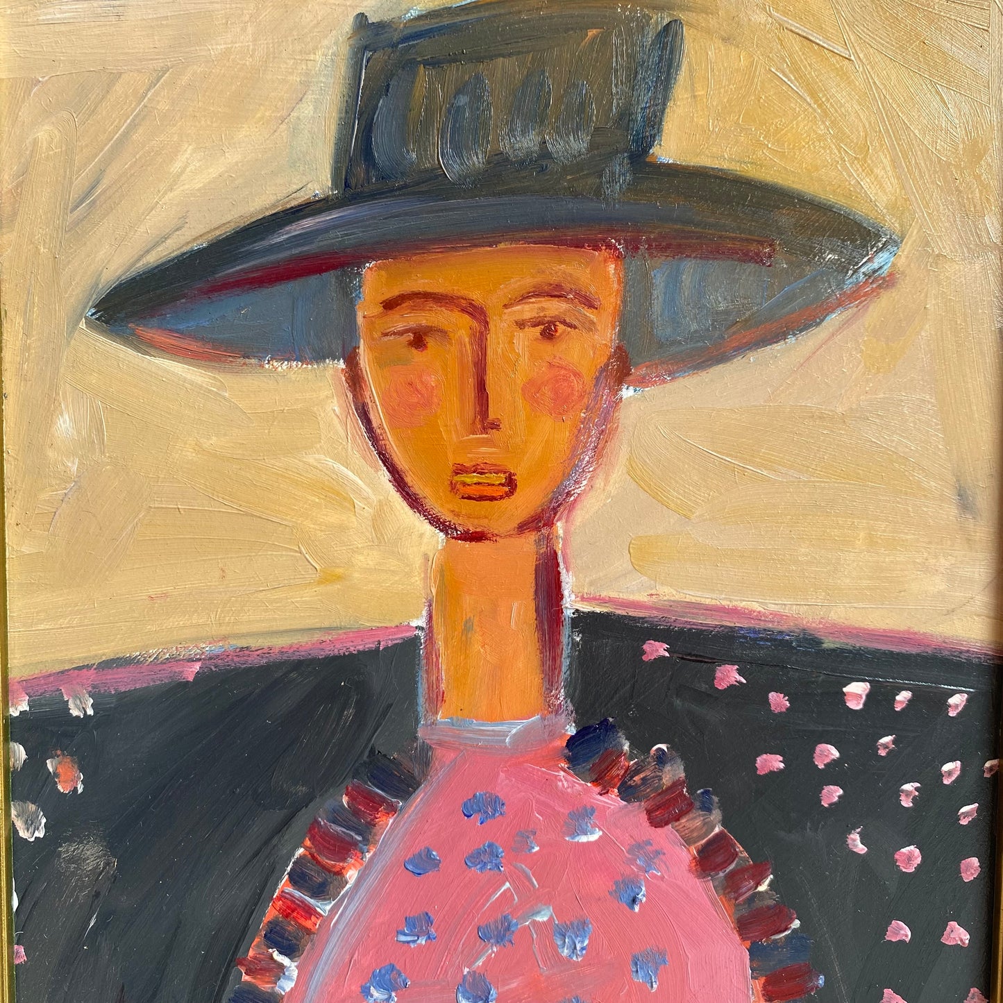 Girl in Hat, Original Mid-Century Style Figurative Oil Painting