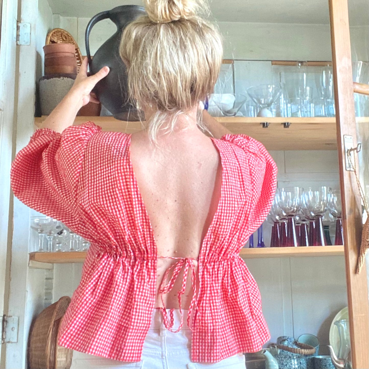 Ganni Smocked-Sleeve Gingham Seersucker Blouse Size 36