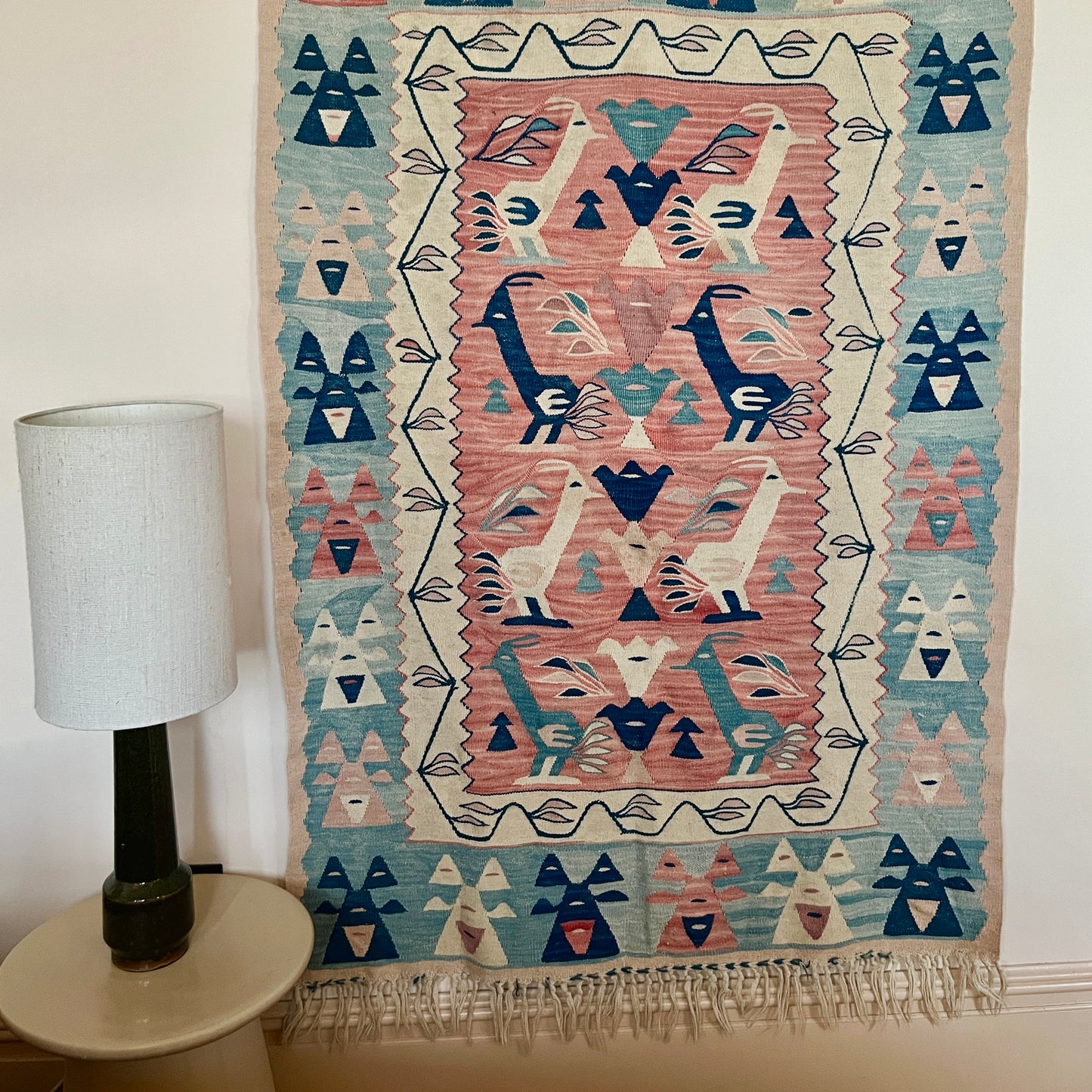 Vintage Handmade Bird Patterned Wool Kayseri Kilim Wall Hanging / Rug