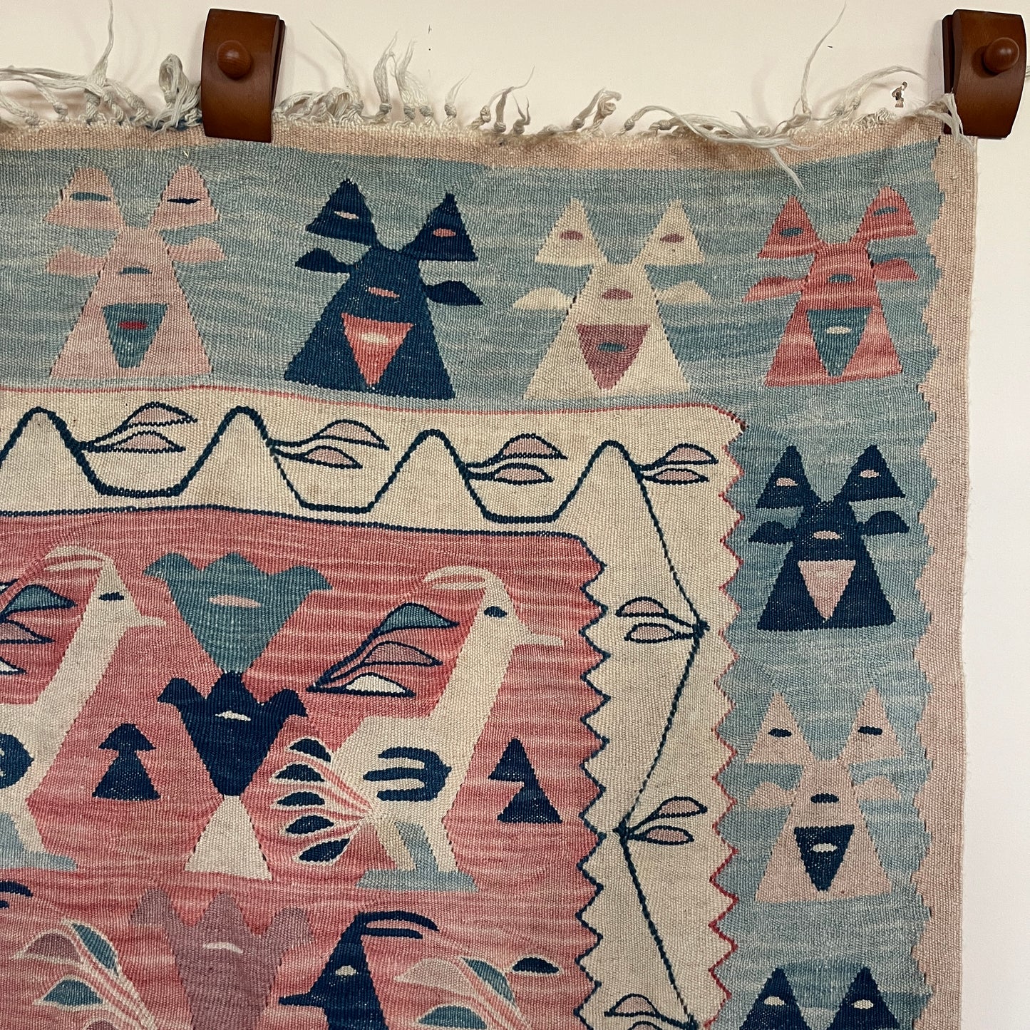 Vintage Handmade Bird Patterned Wool Kayseri Kilim Wall Hanging / Rug