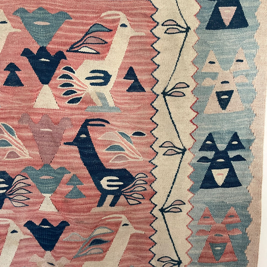 Vintage Handmade Bird Patterned Wool Kayseri Kilim Wall Hanging / Rug