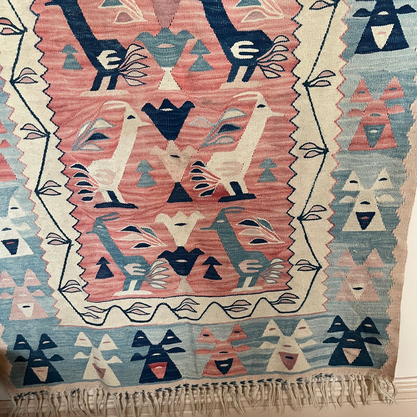 Vintage Handmade Bird Patterned Wool Kayseri Kilim Wall Hanging / Rug