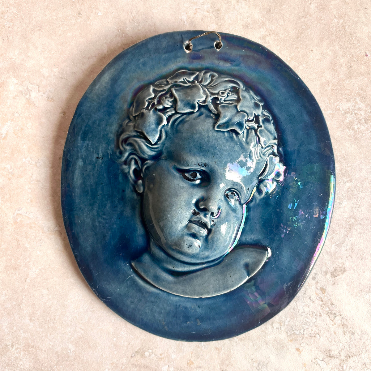 Antique Massier Vallauris Iridescent Cherub Wall Plaque