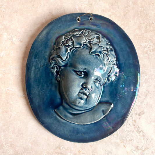 Antique Massier Vallauris Iridescent Cherub Wall Plaque