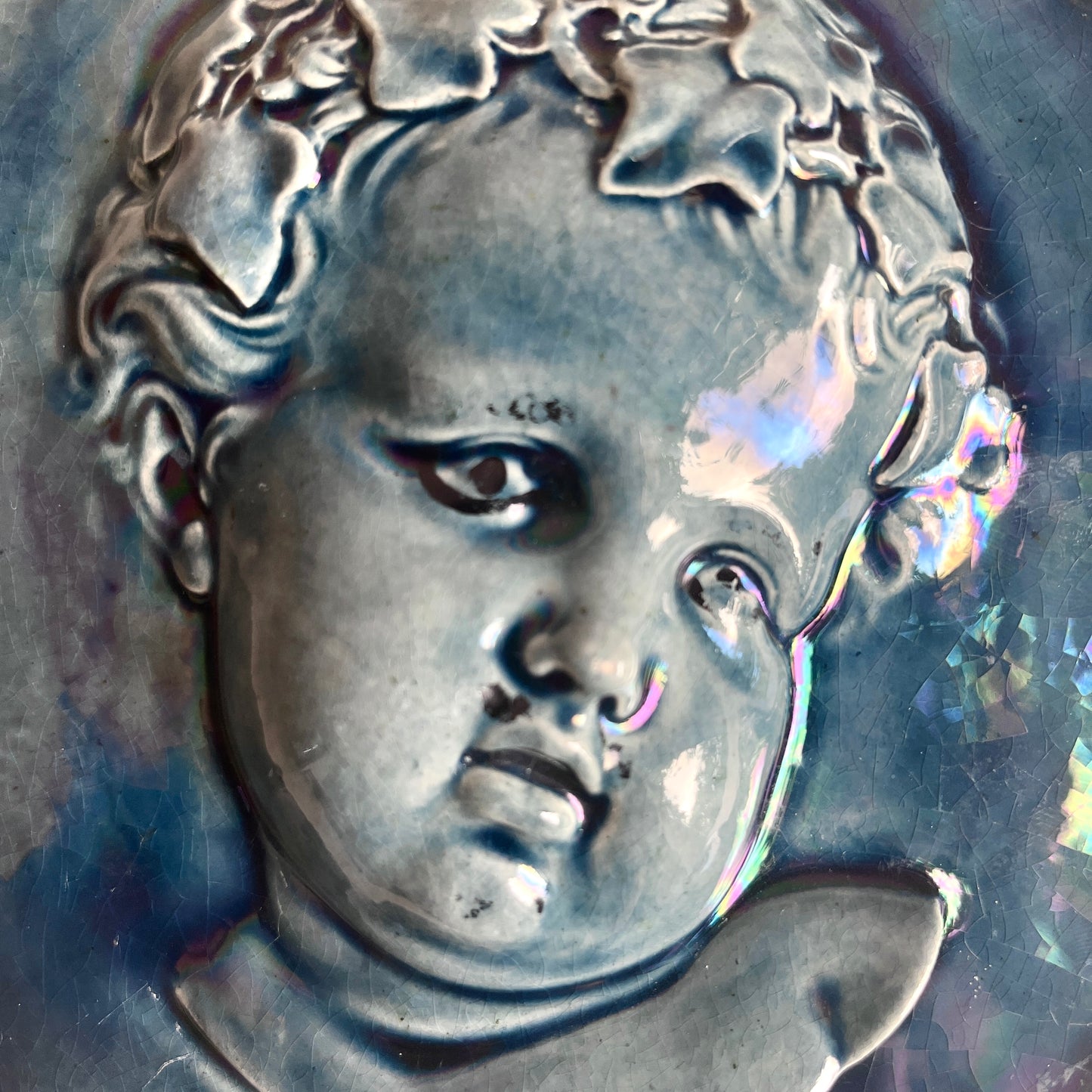 Antique Massier Vallauris Iridescent Cherub Wall Plaque