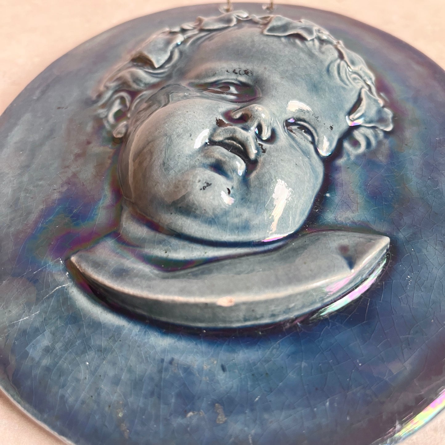 Antique Massier Vallauris Iridescent Cherub Wall Plaque