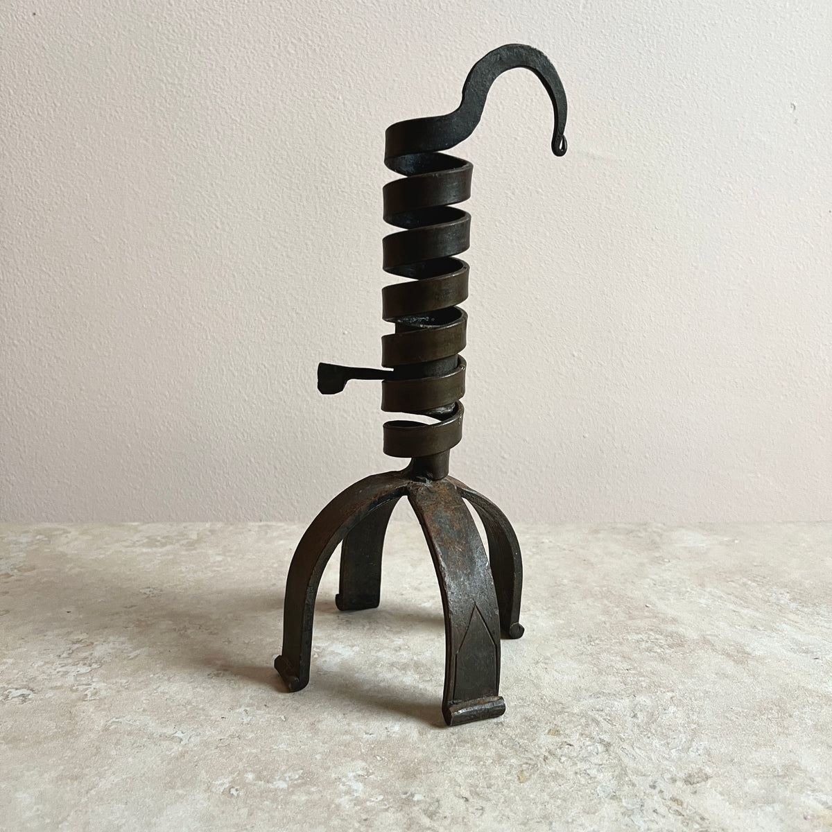 Primitive French Wrought Iron Rat de Cave Candle Holder, 19th Century