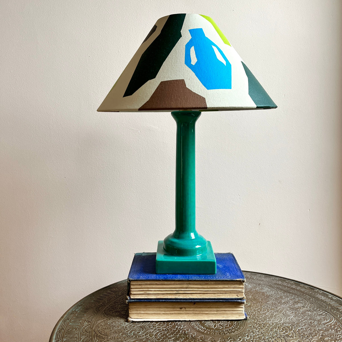 Vintage Green Ceramic Lamp with Hand-Painted Lampshade