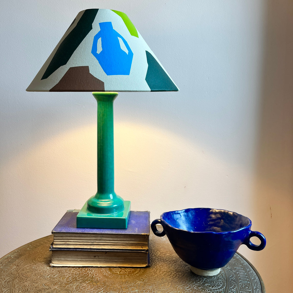 Vintage Green Ceramic Lamp with Hand-Painted Lampshade