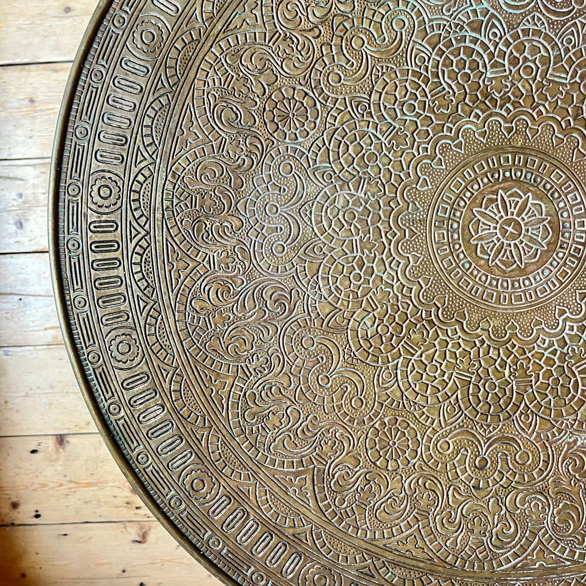 1930s Brass-Topped Round Table with Folding Barley Twist Base