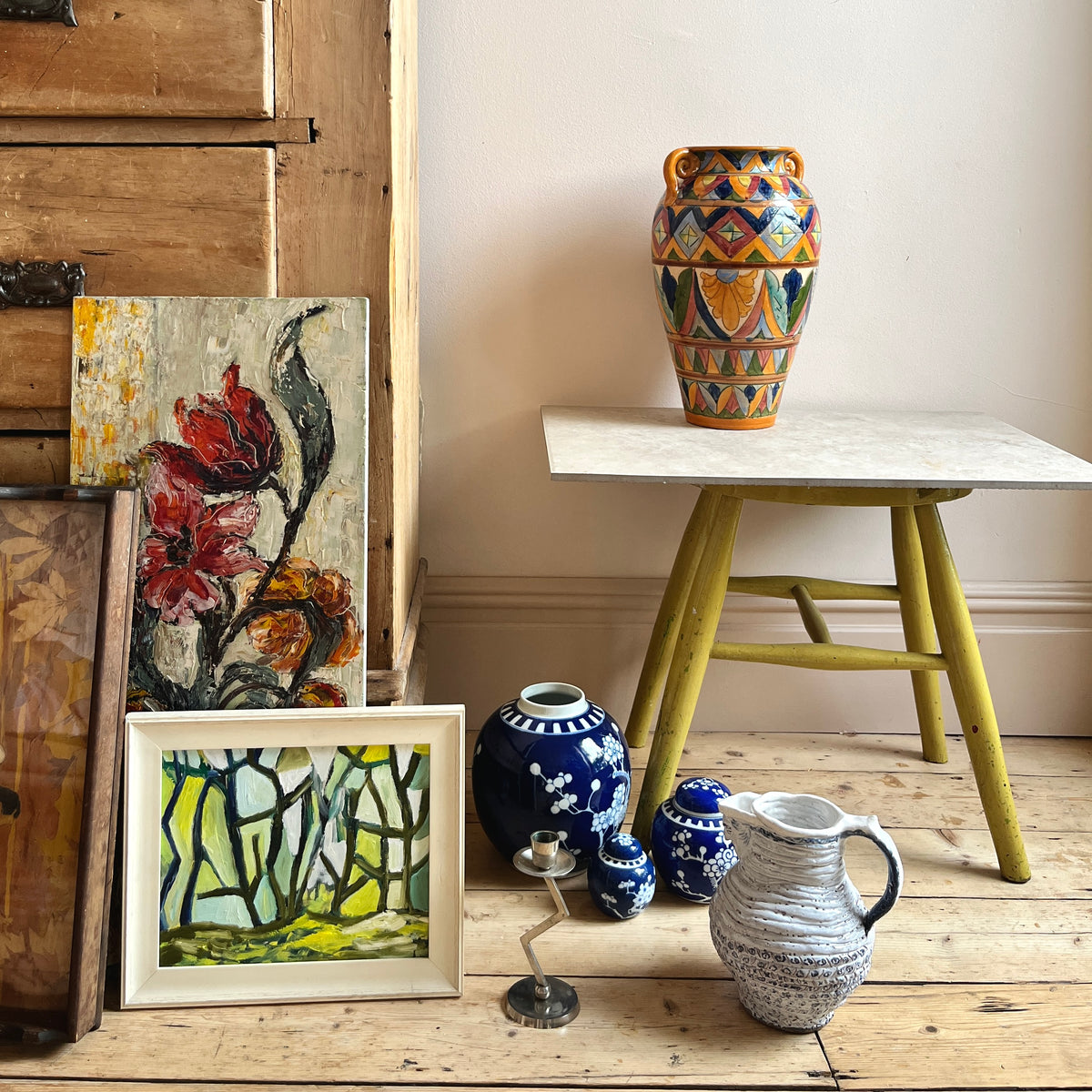 Italian Hand-Painted Ceramic Vase with Scroll Handles