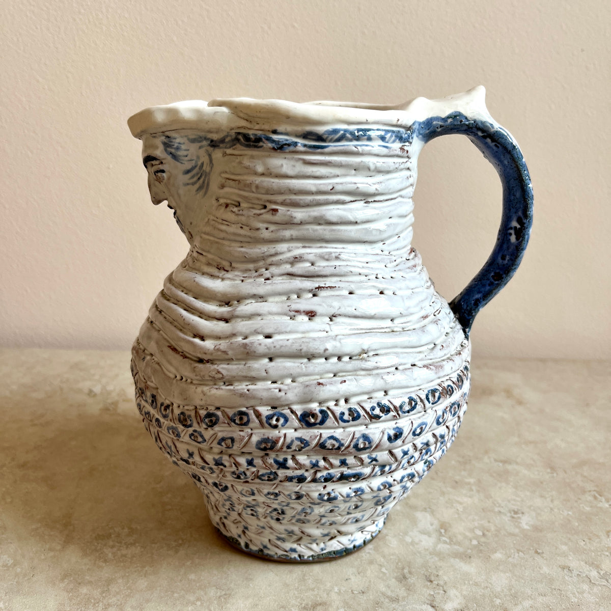 Naïve Blue and White Studio Pottery Face Jug