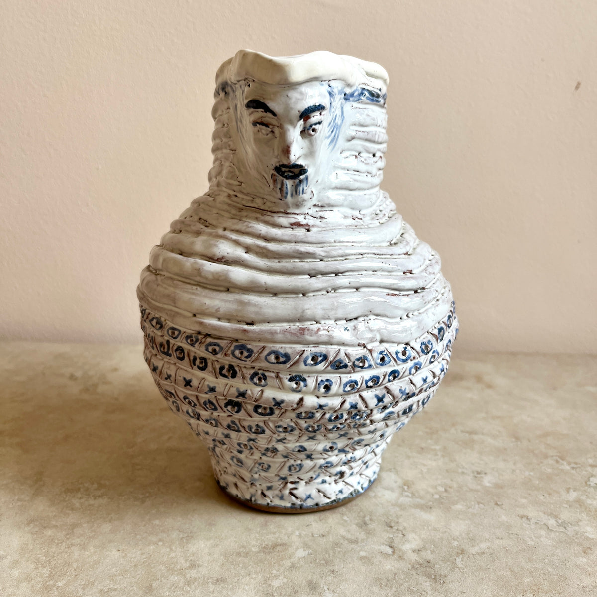 Naïve Blue and White Studio Pottery Face Jug