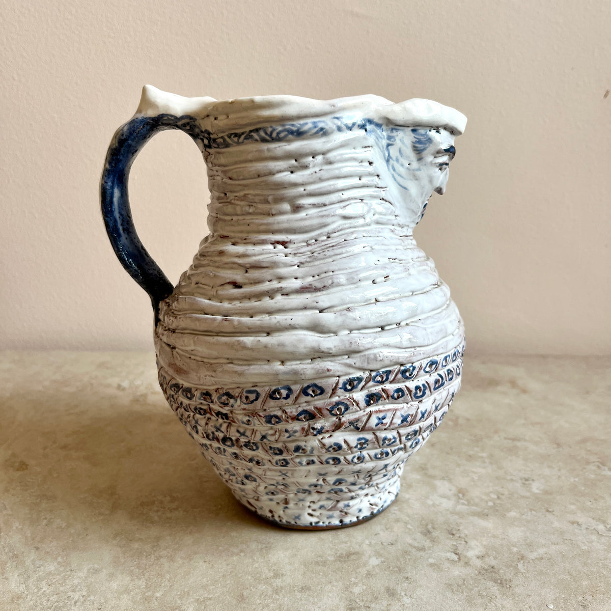Naïve Blue and White Studio Pottery Face Jug