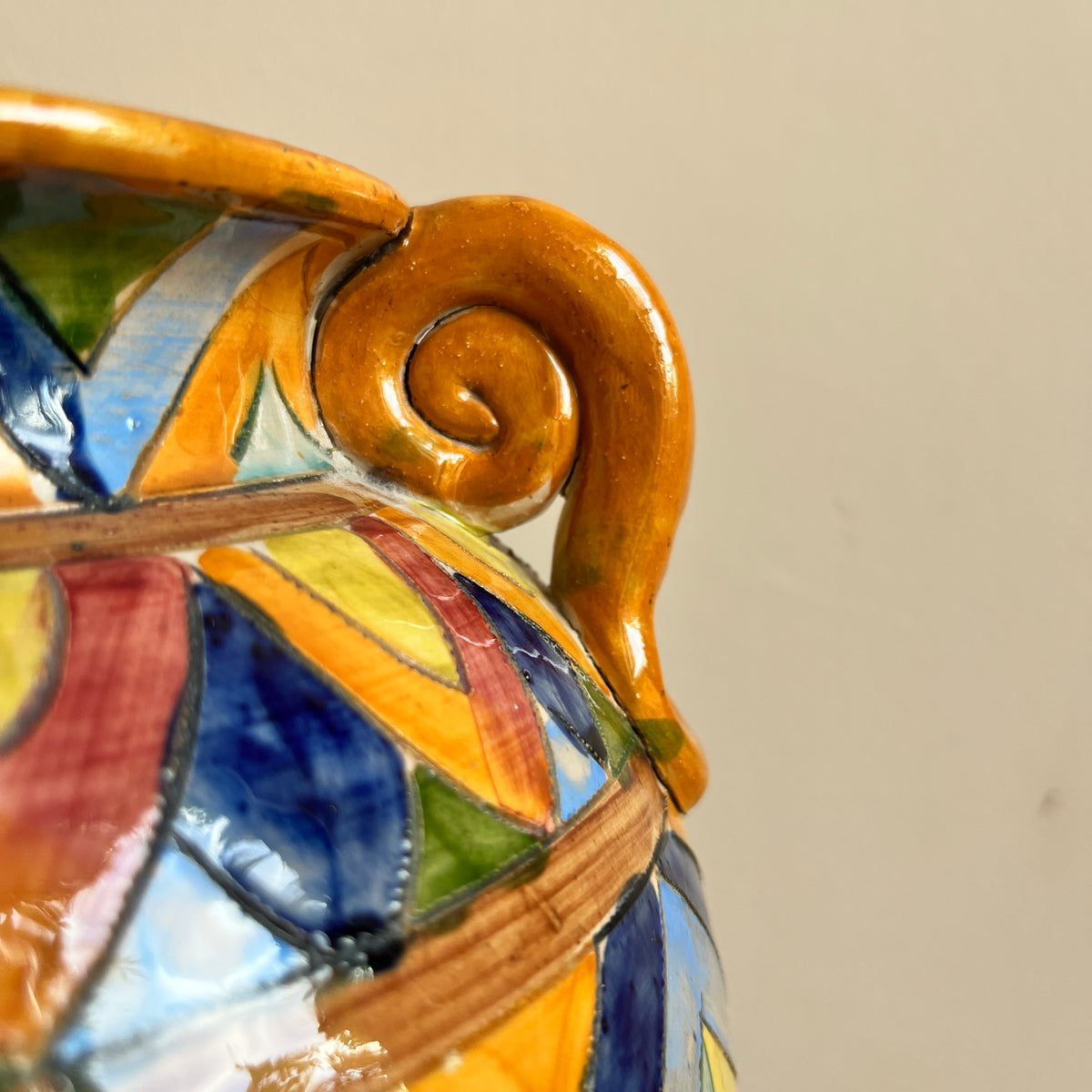 Italian Hand-Painted Ceramic Vase with Scroll Handles