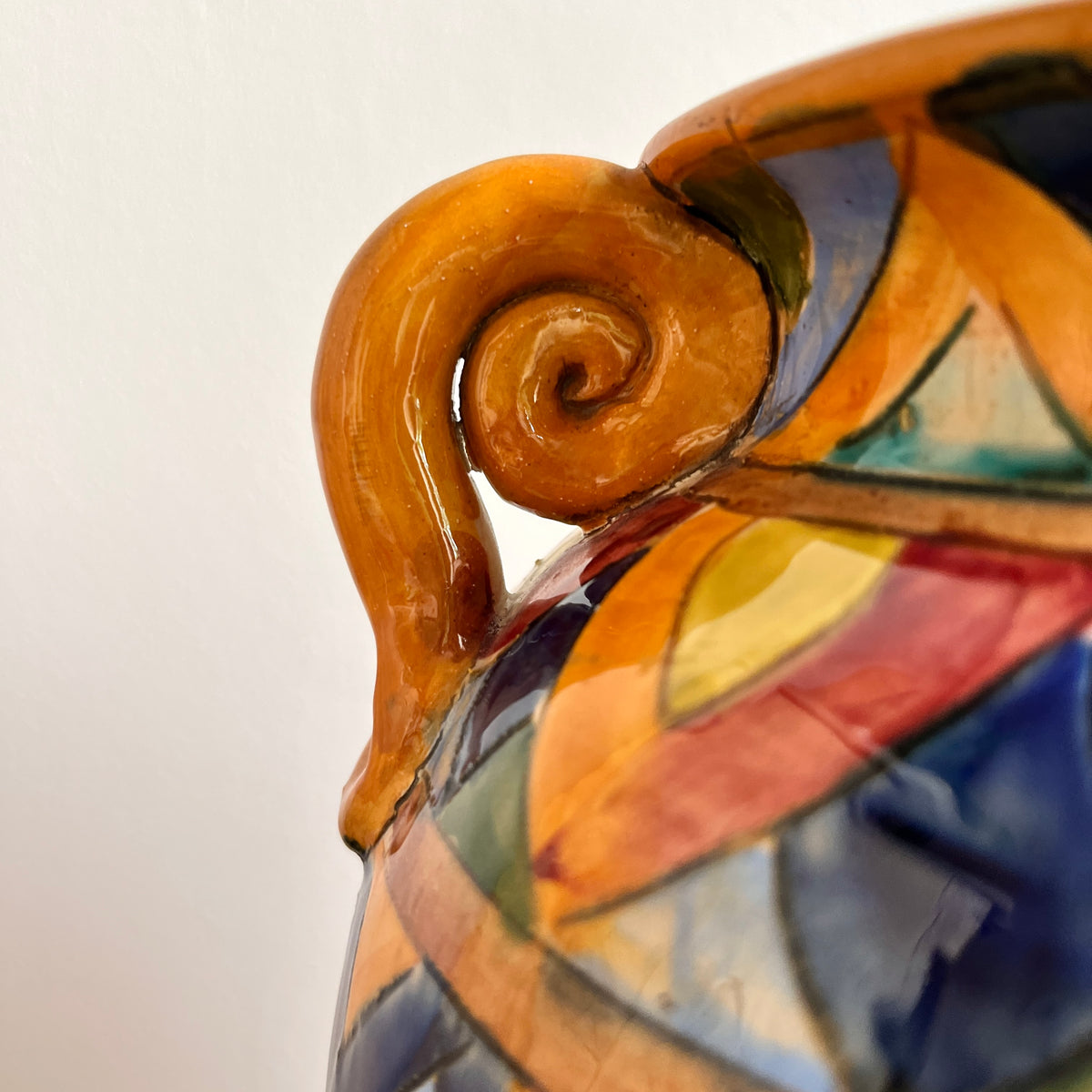 Italian Hand-Painted Ceramic Vase with Scroll Handles