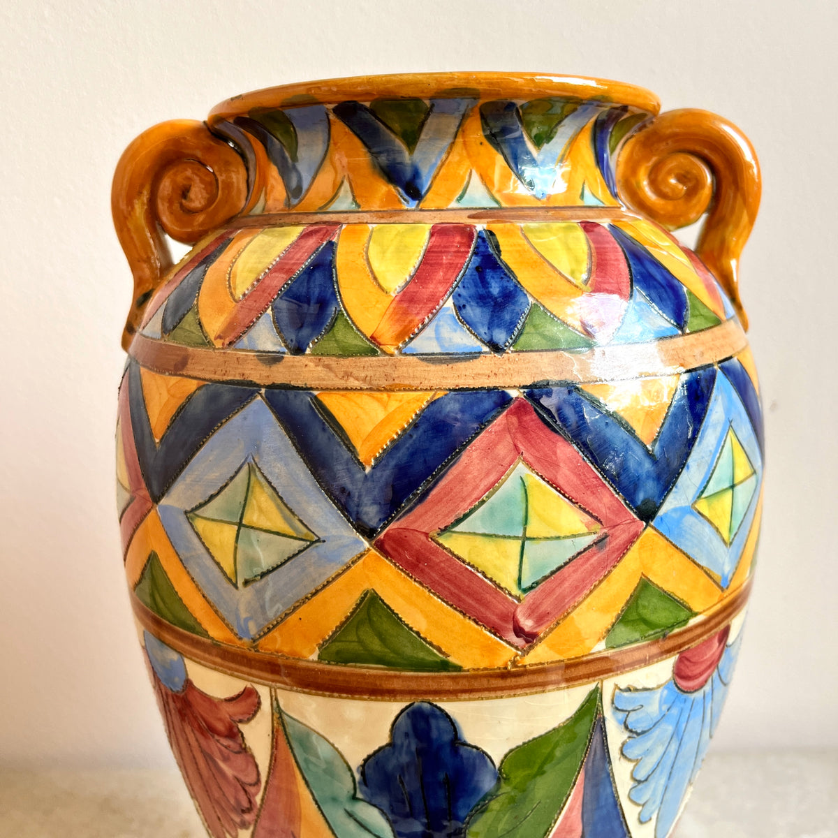 Italian Hand-Painted Ceramic Vase with Scroll Handles