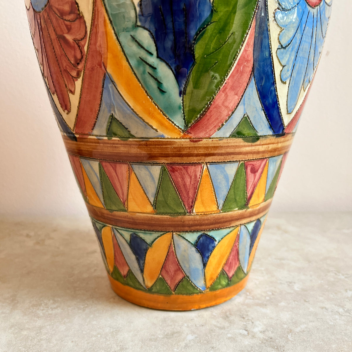 Italian Hand-Painted Ceramic Vase with Scroll Handles