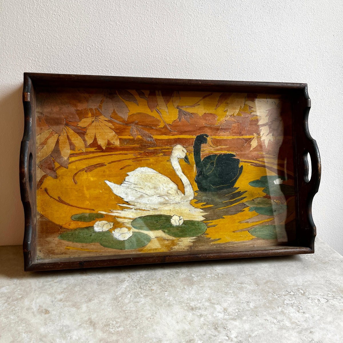 Vintage Wooden Swan Tray with Glass Top