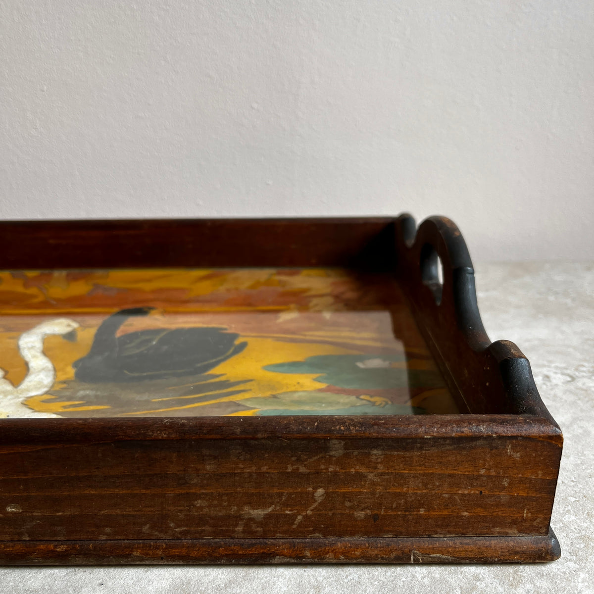 Vintage Wooden Swan Tray with Glass Top