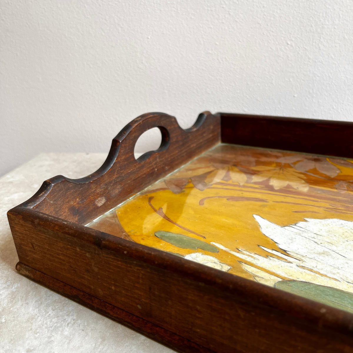 Vintage Wooden Swan Tray with Glass Top