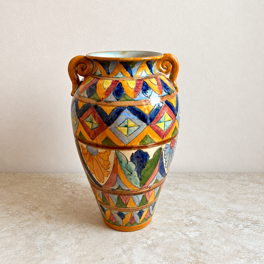 Italian Hand-Painted Ceramic Vase with Scroll Handles