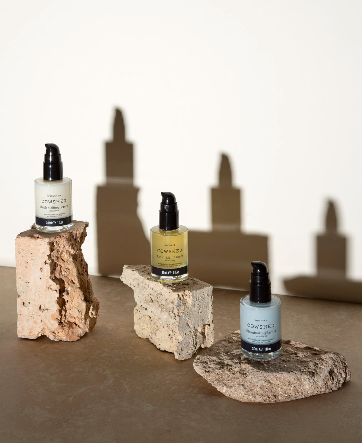 Prop styling by Ida Jacobsson-Wells for Cowshed, featuring skincare products in a sculptural still life
