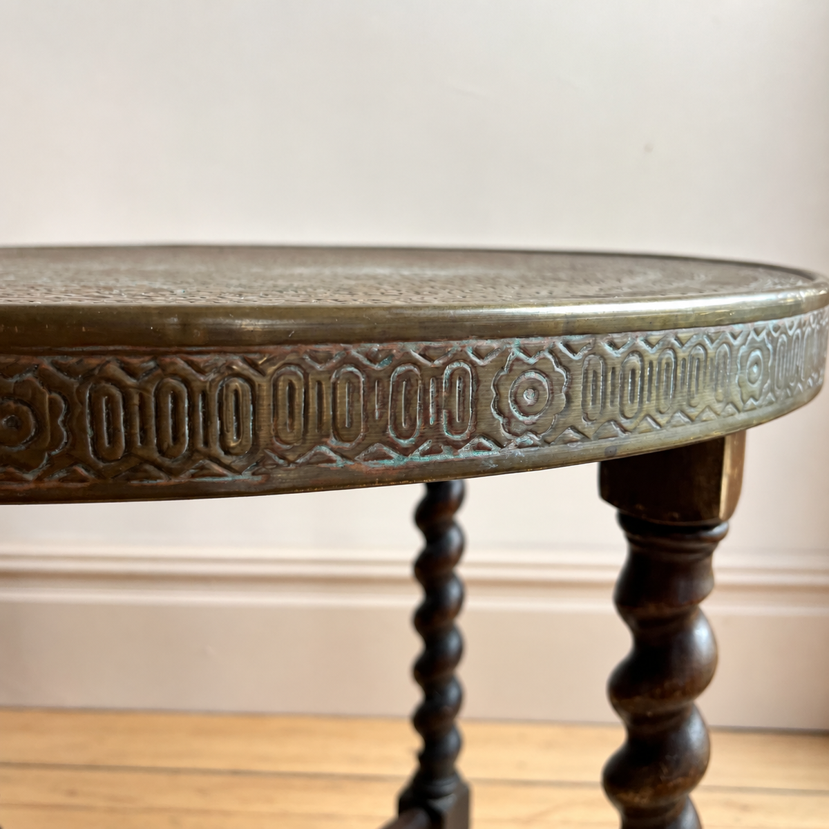 1930s Brass-Topped Round Table with Folding Barley Twist Base
