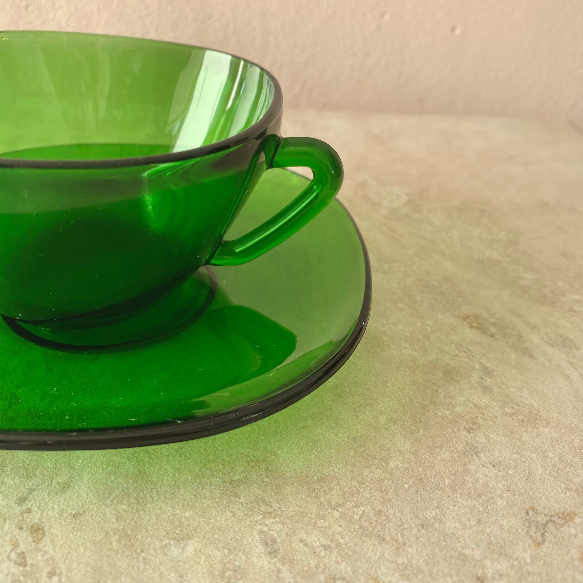 Sunny Sands House Vintage Vereco Glass Cups and Saucers Close-Up
