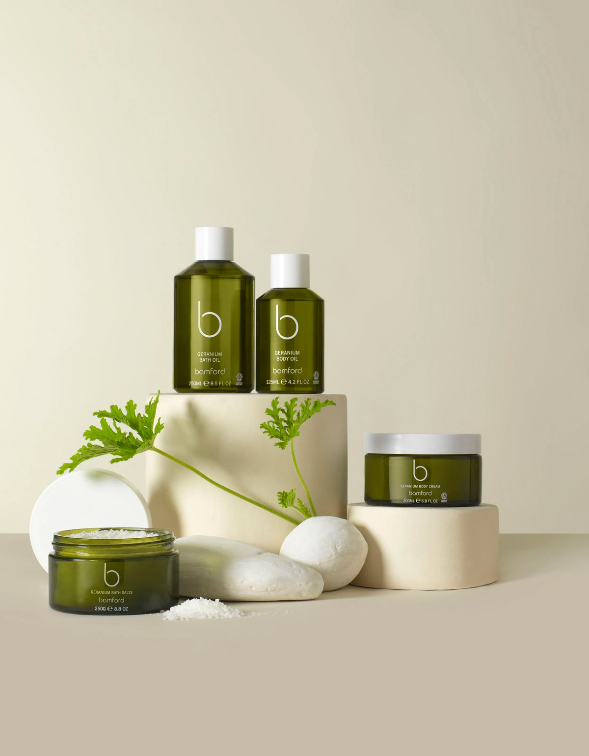 Prop styling by Ida Jacobsson-Wells for Bamford, featuring geranium bath and body products in a botanical still life