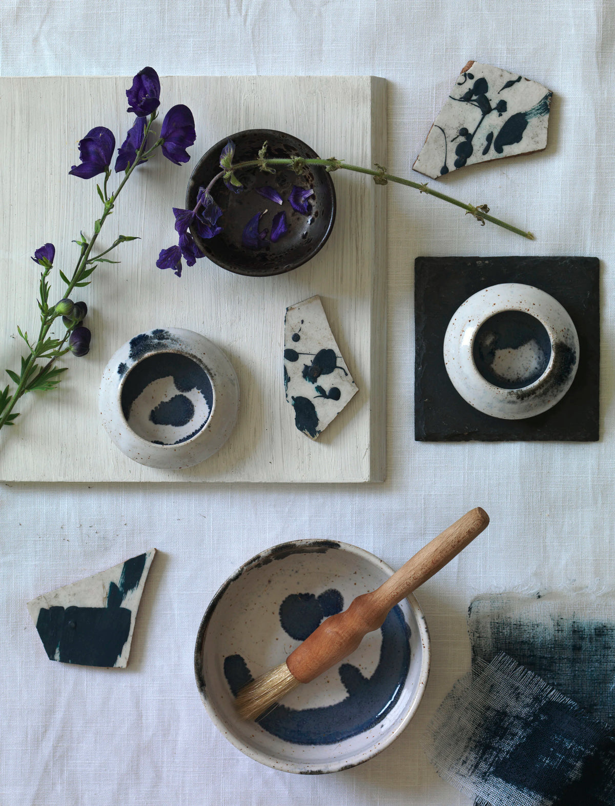 Ceramics and still life styling by Ida Jacobsson-Wells for Rakes Progress Magazine, featuring her handmade ceramics and flowers