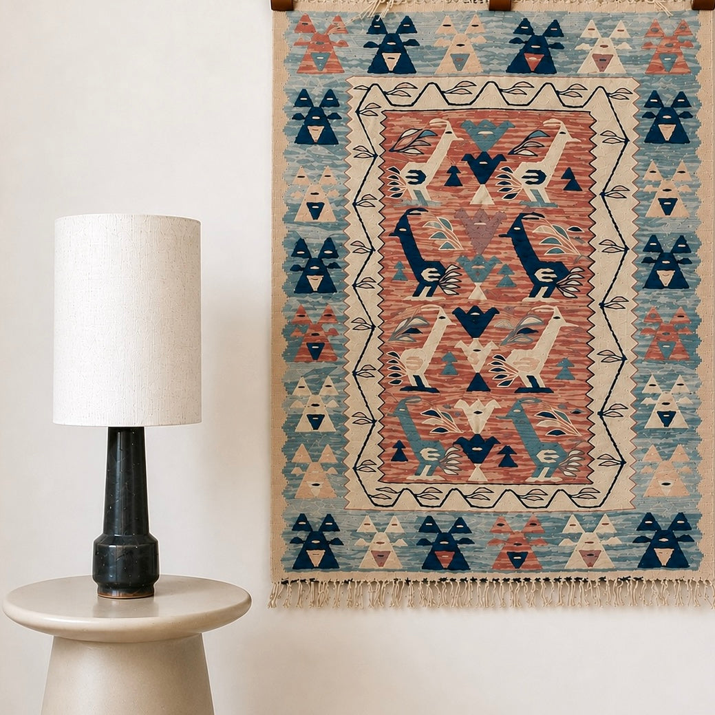 Vintage Handmade Bird Patterned Wool Kayseri Kilim Wall Hanging / Rug
